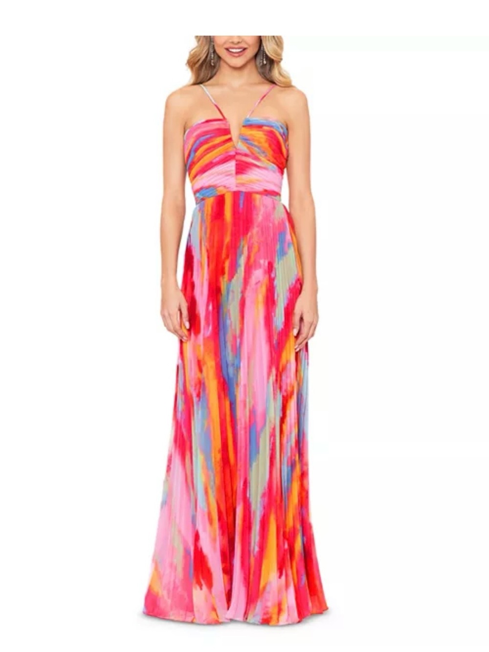 Xscape Pink Multi-Color V-Neck Spaghetti-Strap Prom Gown